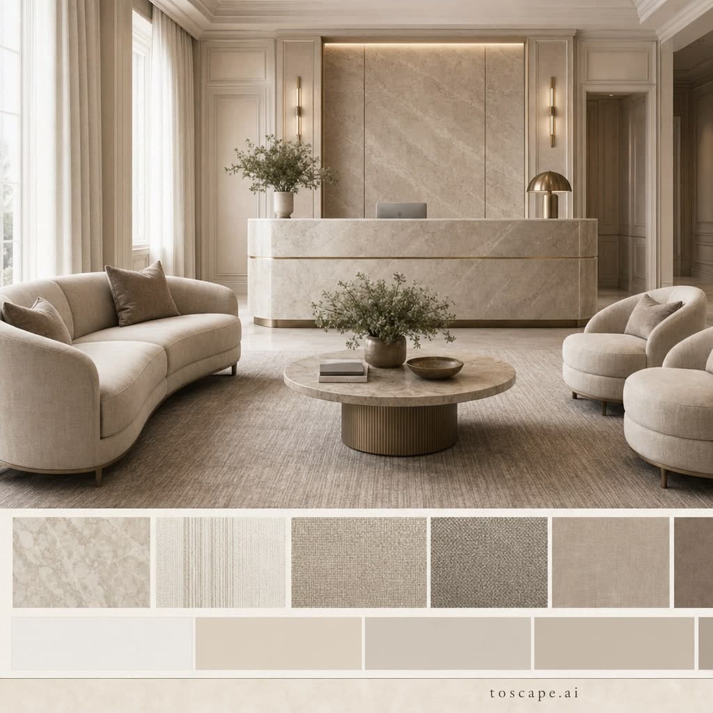 Neoclassic Warm Neutral Reception — Brushed Metal interior moodboard card