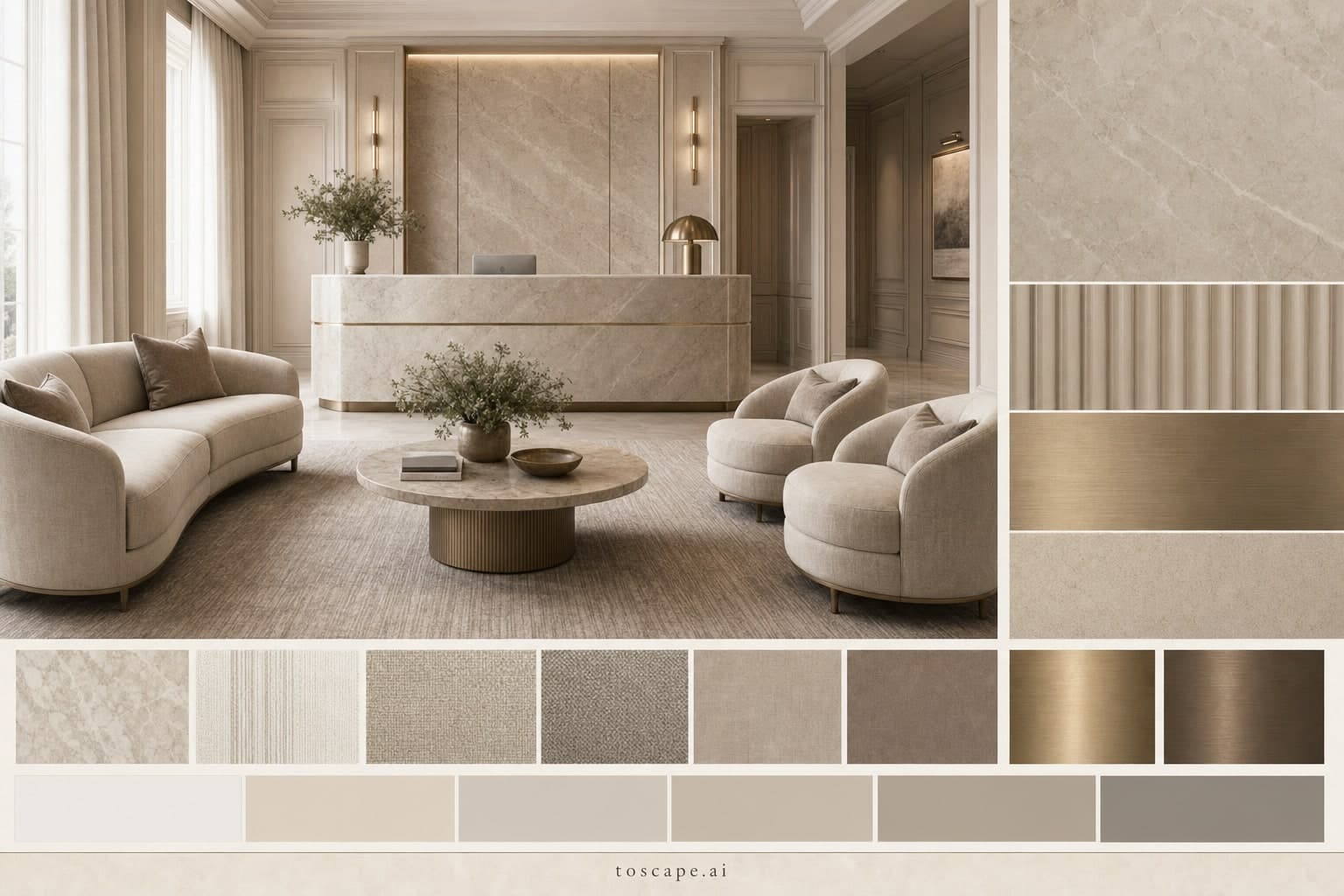 Neoclassic Warm Neutral Reception — Brushed Metal interior moodboard plate