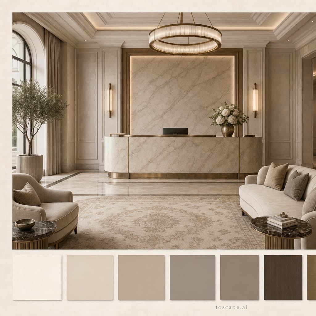 Neoclassic Warm Neutral Reception — Satin interior moodboard card