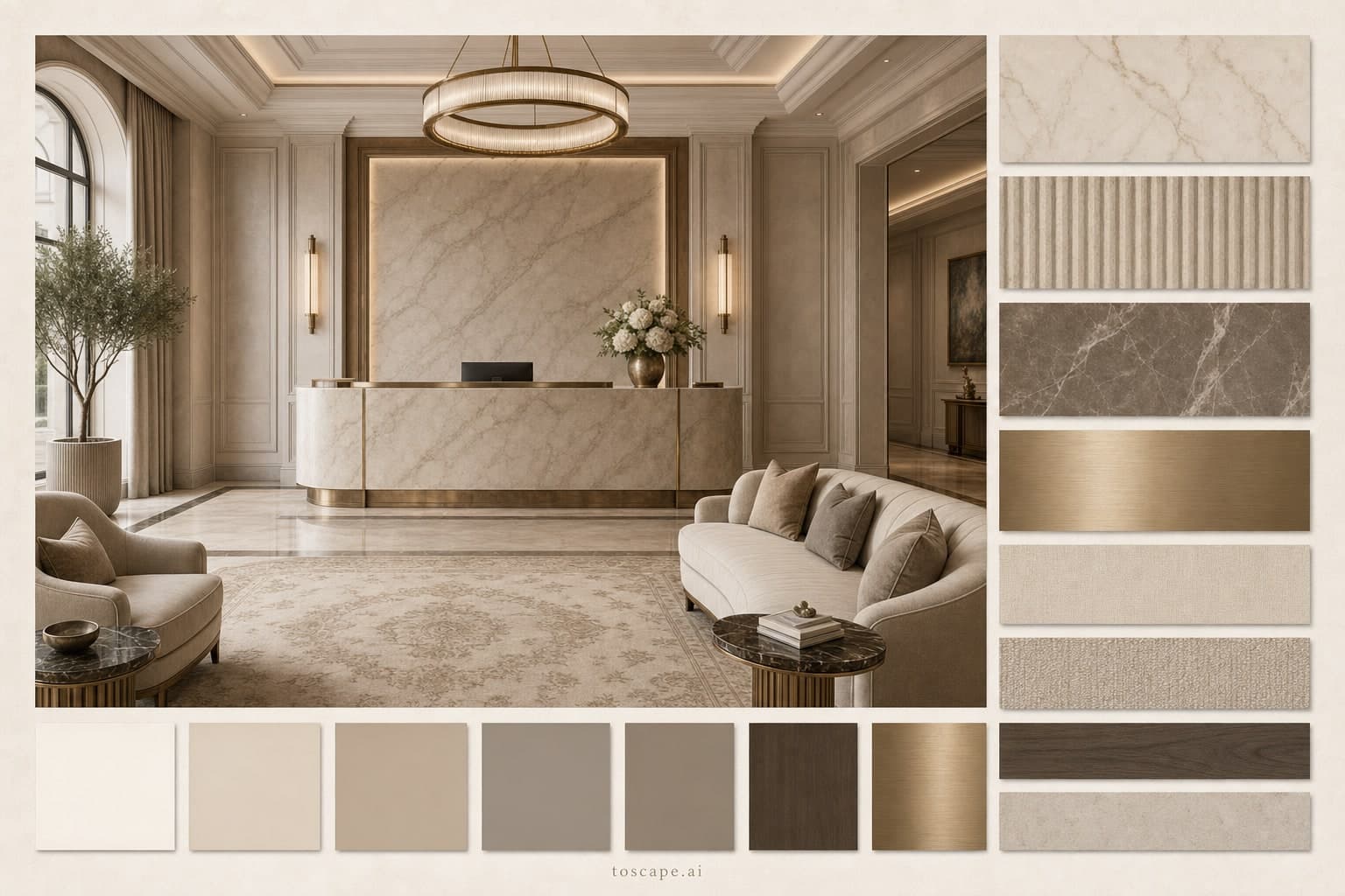 Neoclassic Warm Neutral Reception — Satin interior moodboard plate