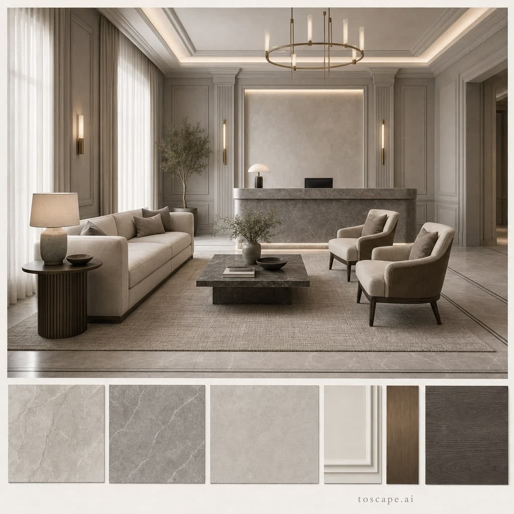 Neoclassic Cool Neutral Reception — Brushed Metal interior moodboard card