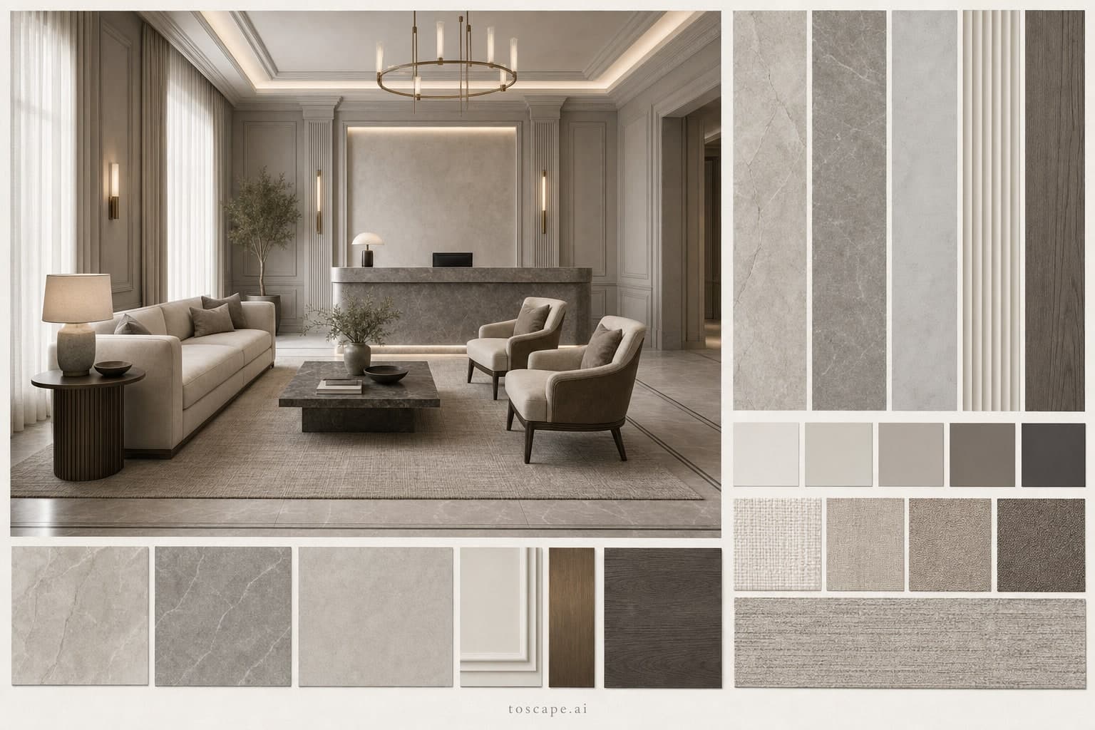 Neoclassic Cool Neutral Reception — Brushed Metal interior moodboard plate