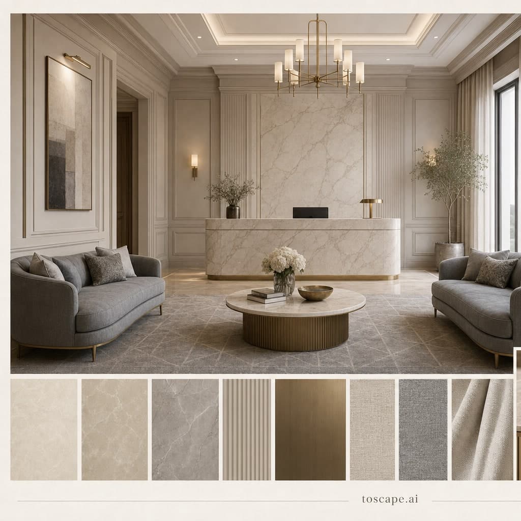 Neoclassic Warm Neutral Reception — Matte interior moodboard card