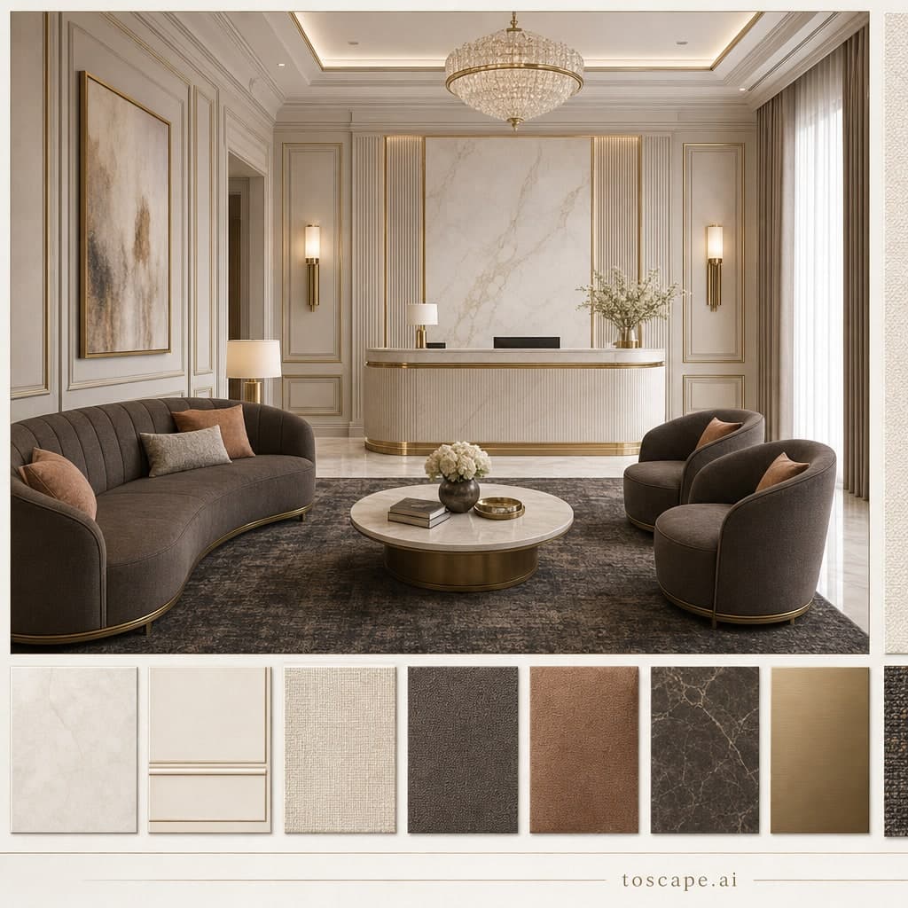 Neoclassic Light Luxury Reception — Honed Stone interior moodboard card