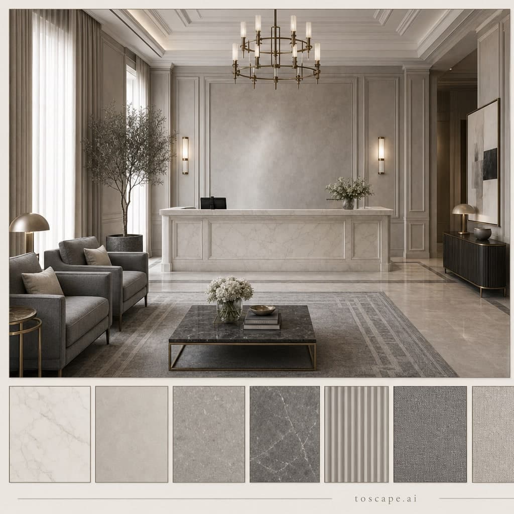 Neoclassic Cool Neutral Reception — Matte interior moodboard card