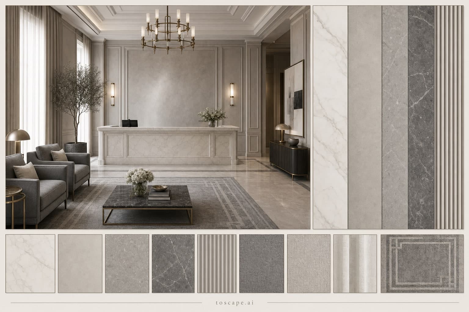 Neoclassic Cool Neutral Reception — Matte interior moodboard plate