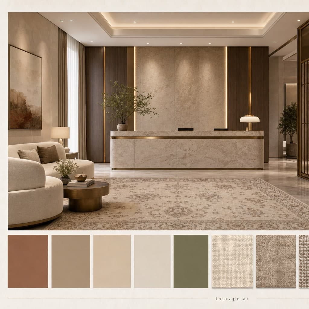 Modern Earth Organic Reception — Honed Stone interior moodboard card