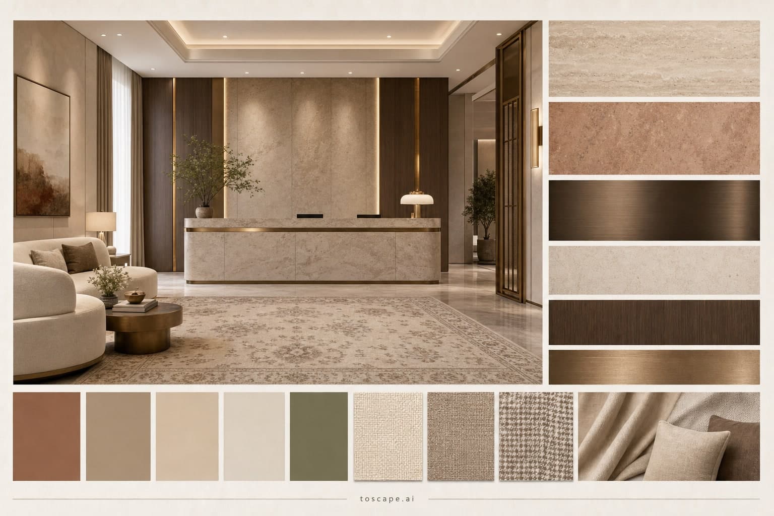 Modern Earth Organic Reception — Honed Stone interior moodboard plate