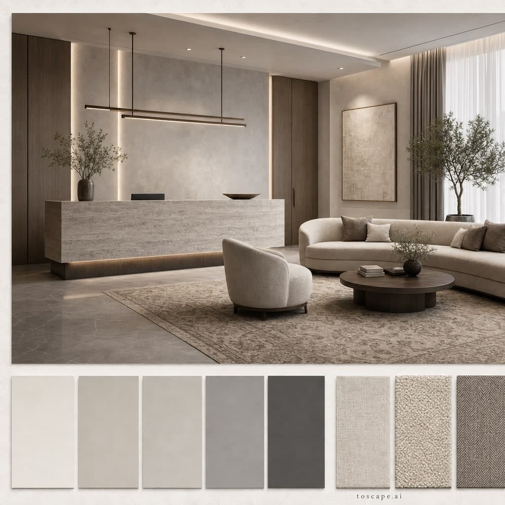 Modern Cool Neutral Reception — Honed Stone interior moodboard card