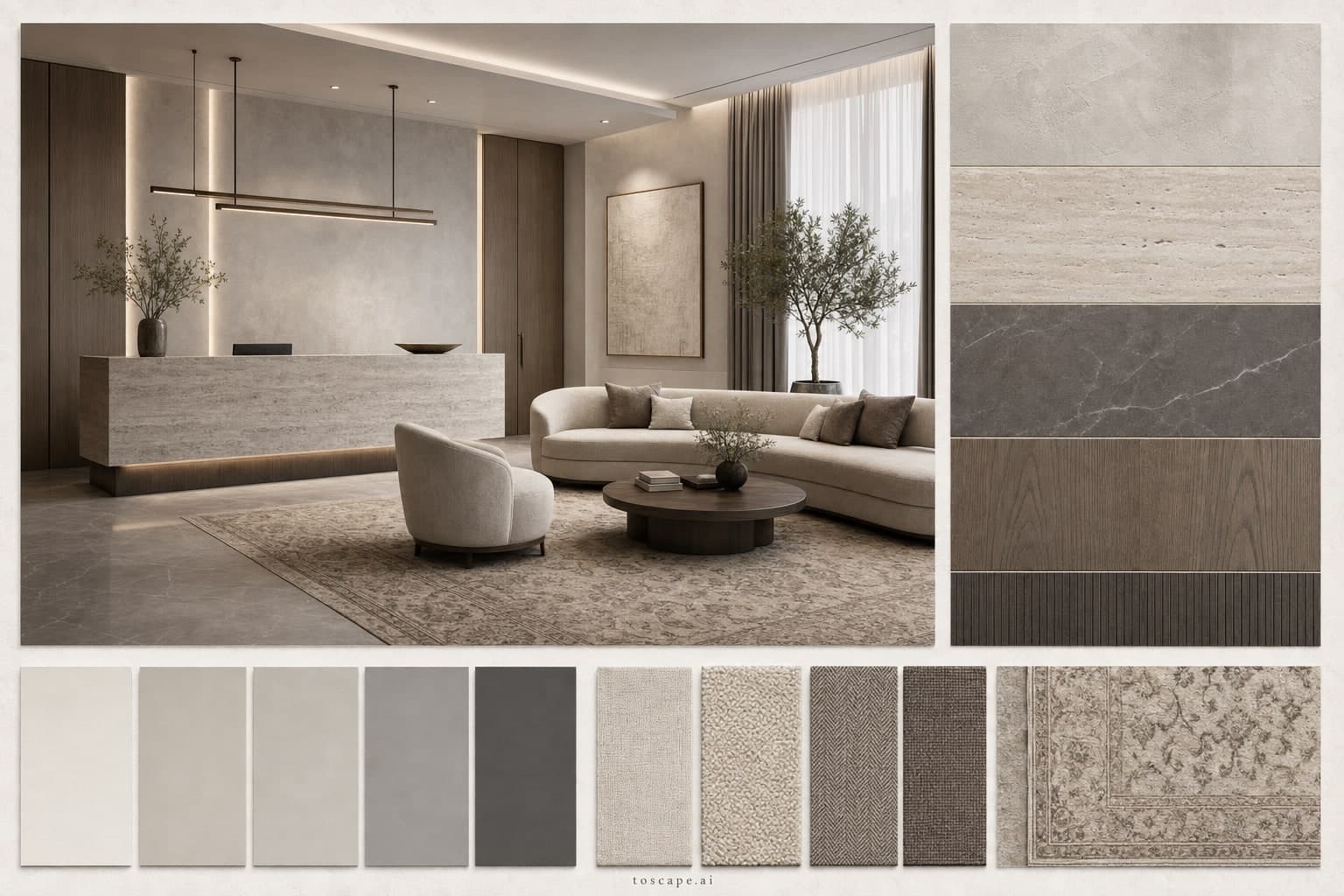 Modern Cool Neutral Reception — Honed Stone interior moodboard plate
