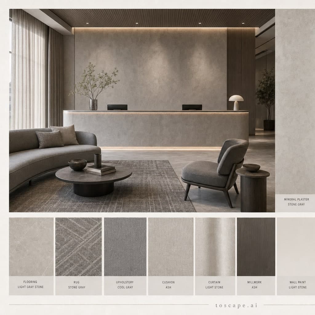 Modern Cool Neutral Reception — Satin interior moodboard card