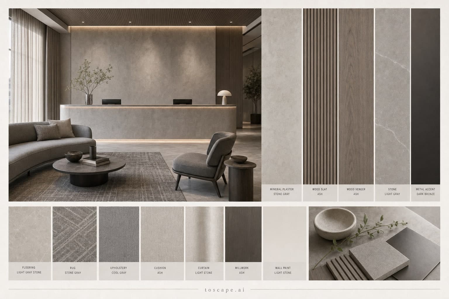 Modern Cool Neutral Reception — Satin interior moodboard plate