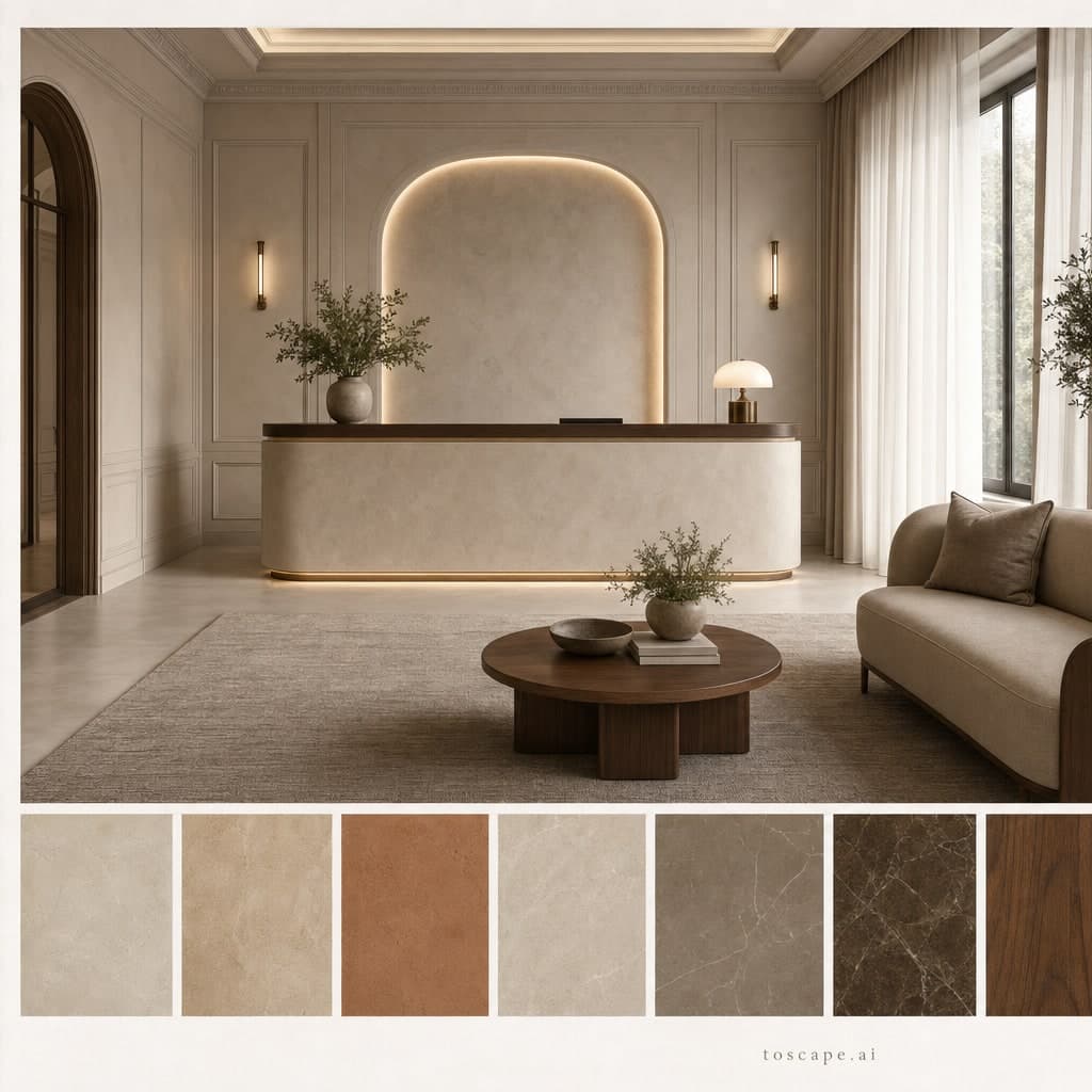 Neoclassic Earth Organic Reception — Brushed Metal interior moodboard card