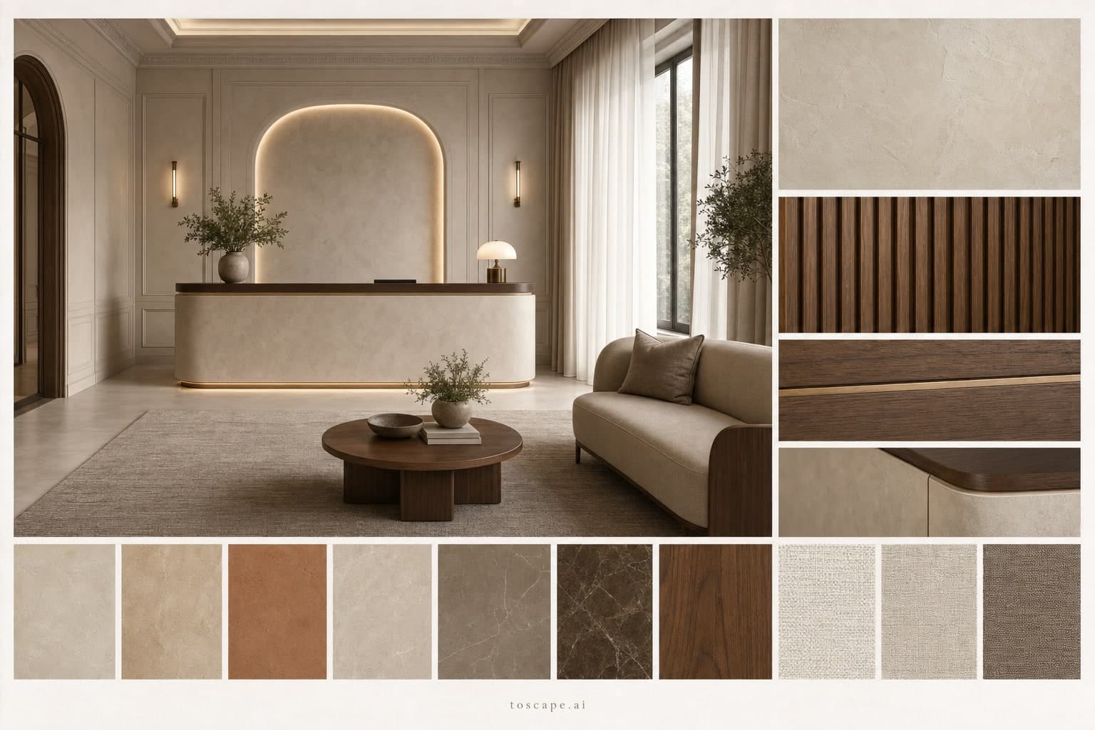 Neoclassic Earth Organic Reception — Brushed Metal interior moodboard plate