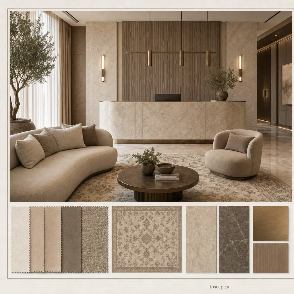 Modern Earth Organic Reception — Honed Stone interior moodboard card