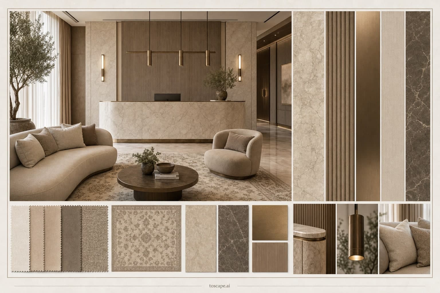 Modern Earth Organic Reception — Honed Stone interior moodboard plate