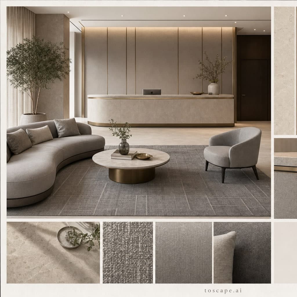 Modern Warm Neutral Reception — Satin interior moodboard card