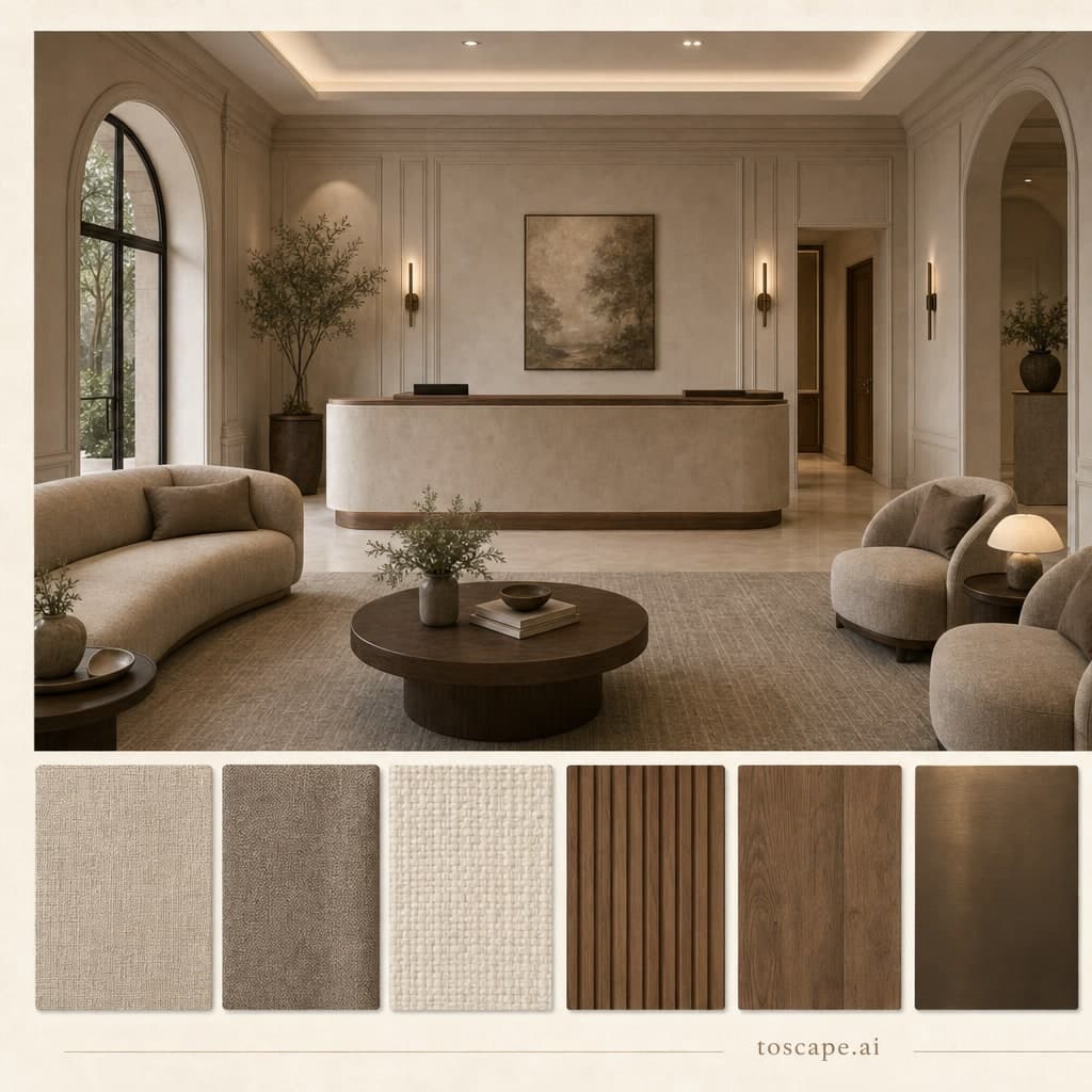 Neoclassic Earth Organic Reception — Brushed Metal interior moodboard card
