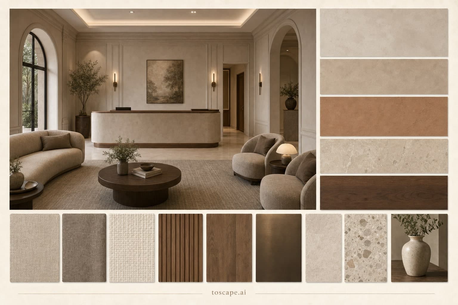 Neoclassic Earth Organic Reception — Brushed Metal interior moodboard plate