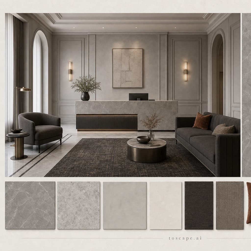 Neoclassic Cool Neutral Reception — Honed Stone interior moodboard card