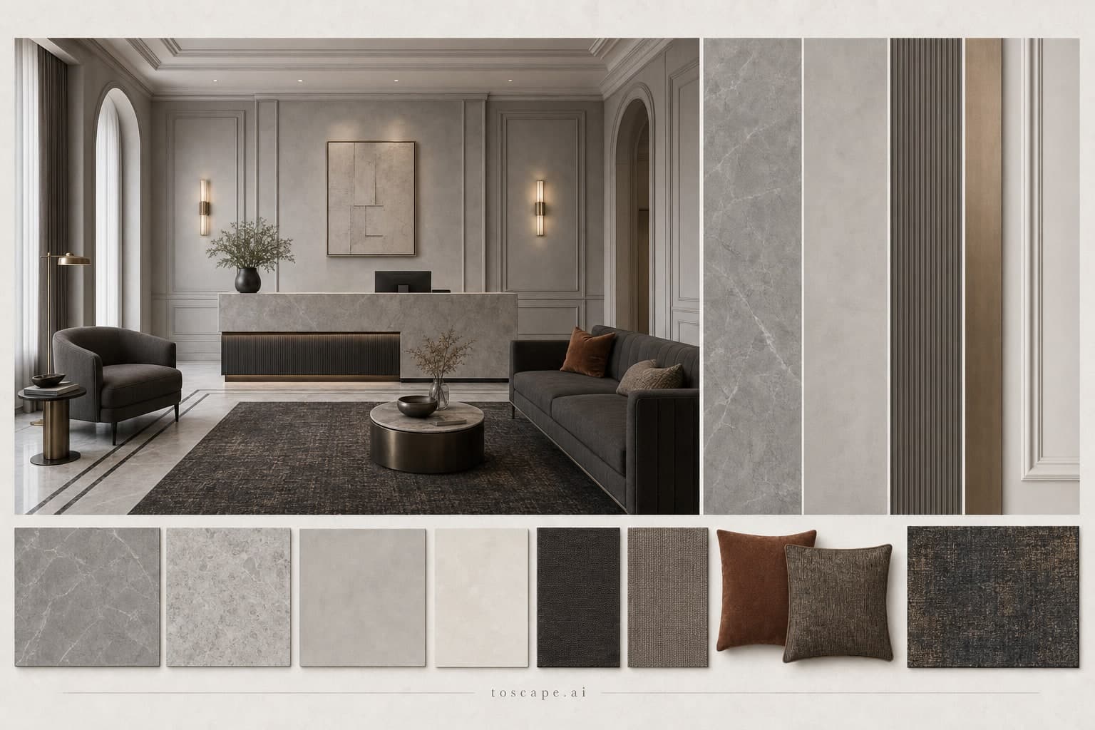 Neoclassic Cool Neutral Reception — Honed Stone interior moodboard plate