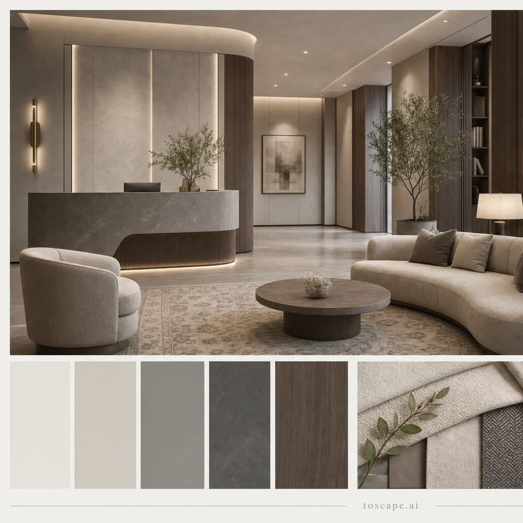 Modern Cool Neutral Reception — Honed Stone interior moodboard card