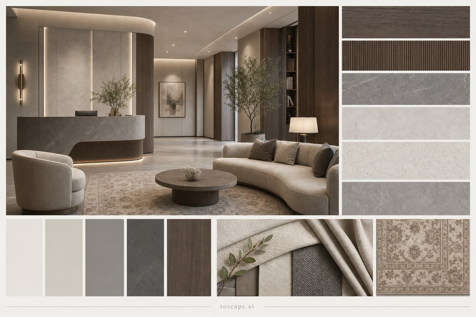 Modern Cool Neutral Reception — Honed Stone interior moodboard plate