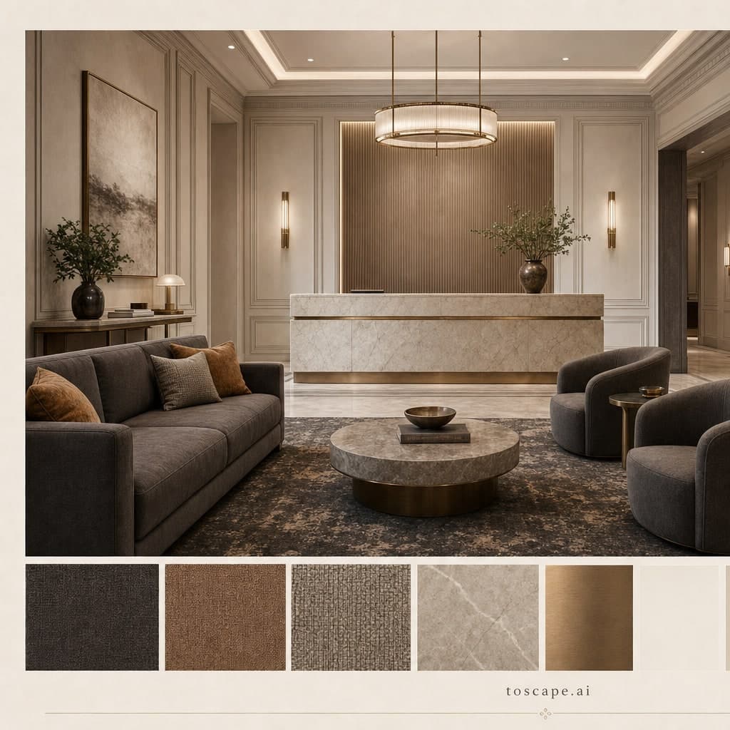 Neoclassic Warm Neutral Reception — Honed Stone interior moodboard card