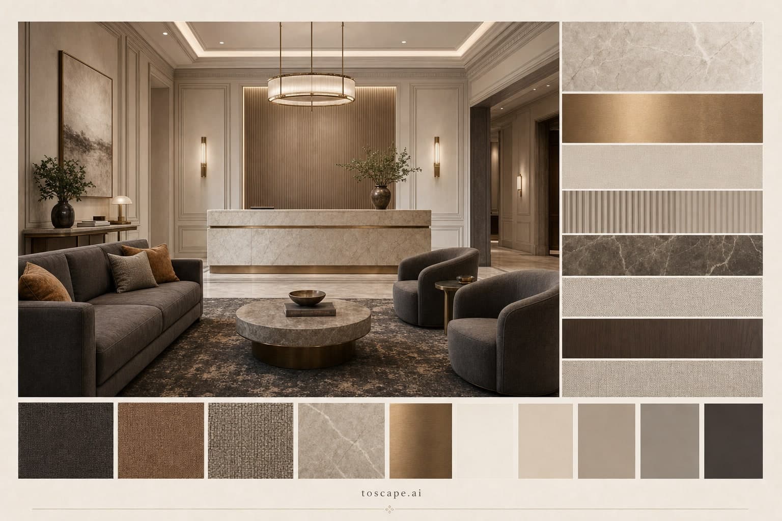 Neoclassic Warm Neutral Reception — Honed Stone interior moodboard plate