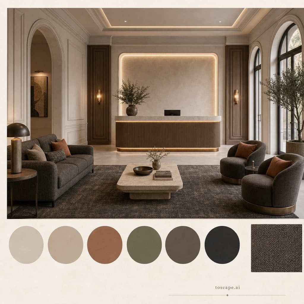 Neoclassic Earth Organic Reception — Honed Stone interior moodboard card