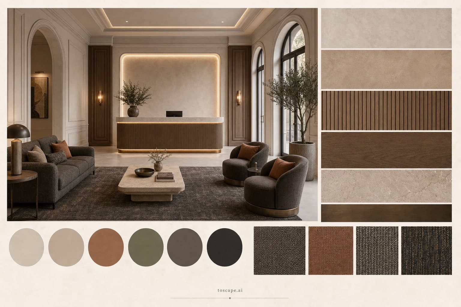 Neoclassic Earth Organic Reception — Honed Stone interior moodboard plate