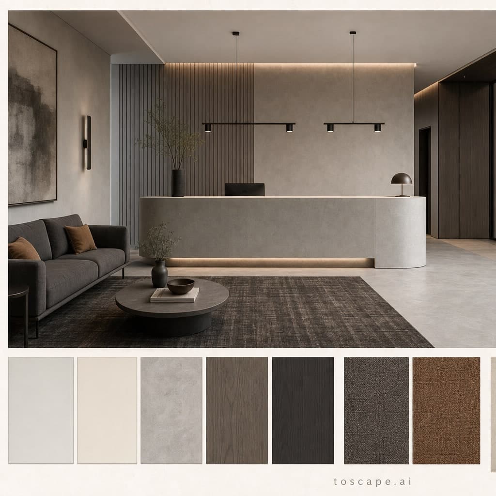 Modern Cool Neutral Reception — Brushed Metal interior moodboard card