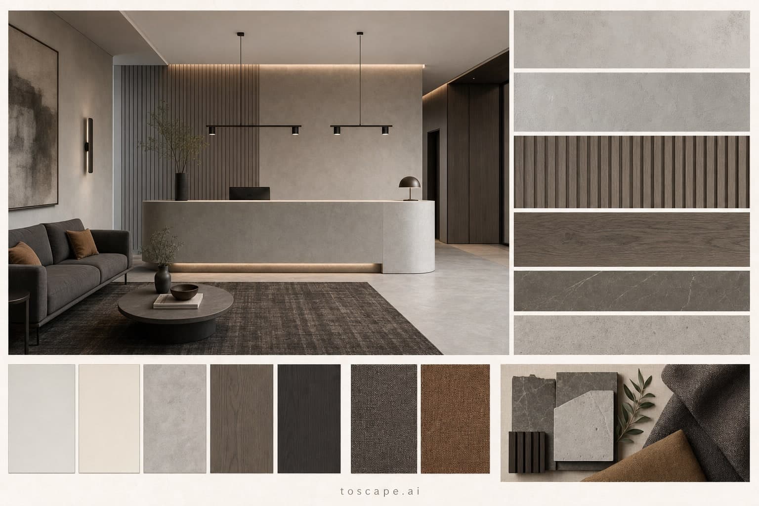 Modern Cool Neutral Reception — Brushed Metal interior moodboard plate