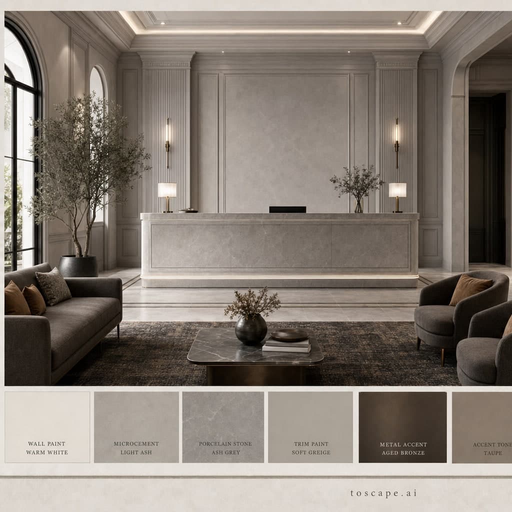 Neoclassic Cool Neutral Reception — Honed Stone interior moodboard card