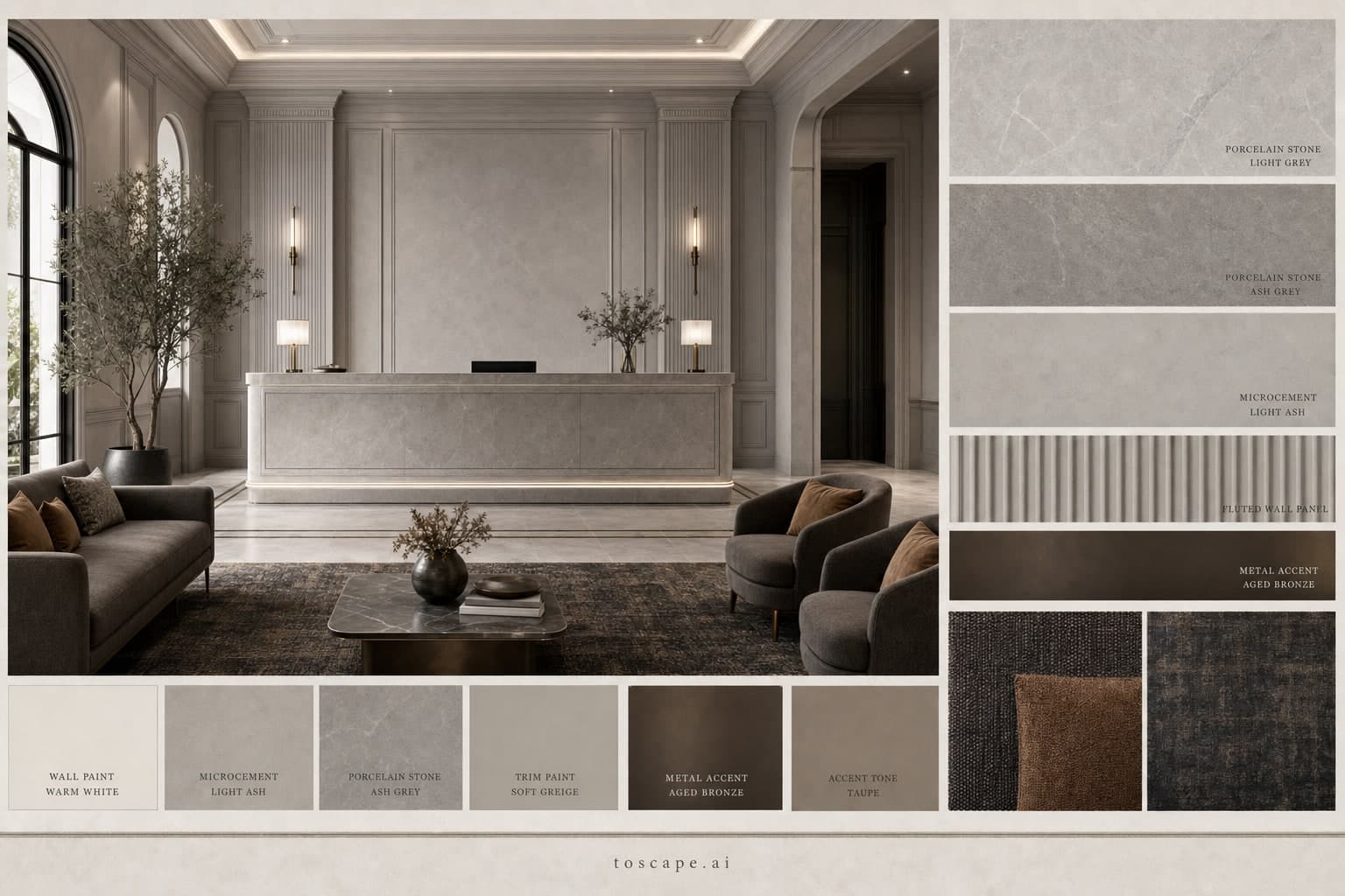 Neoclassic Cool Neutral Reception — Honed Stone interior moodboard plate