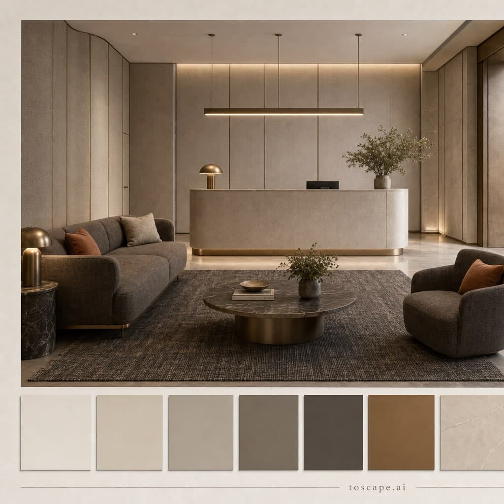 Modern Warm Neutral Reception — Brushed Metal interior moodboard card