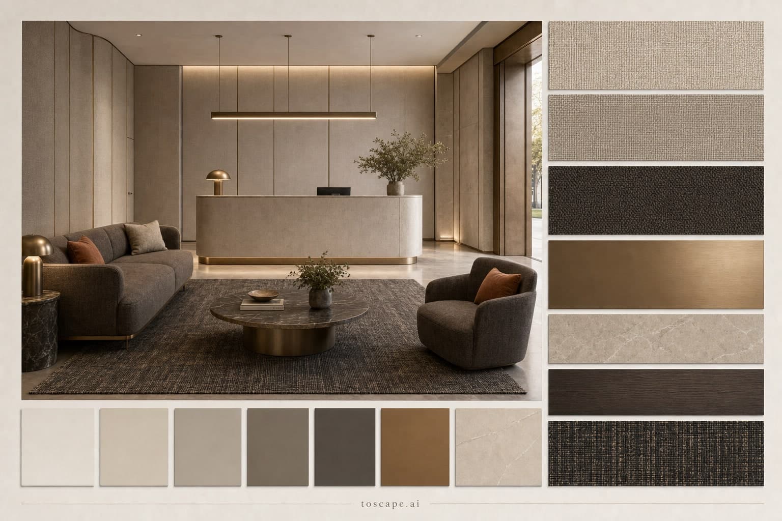 Modern Warm Neutral Reception — Brushed Metal interior moodboard plate