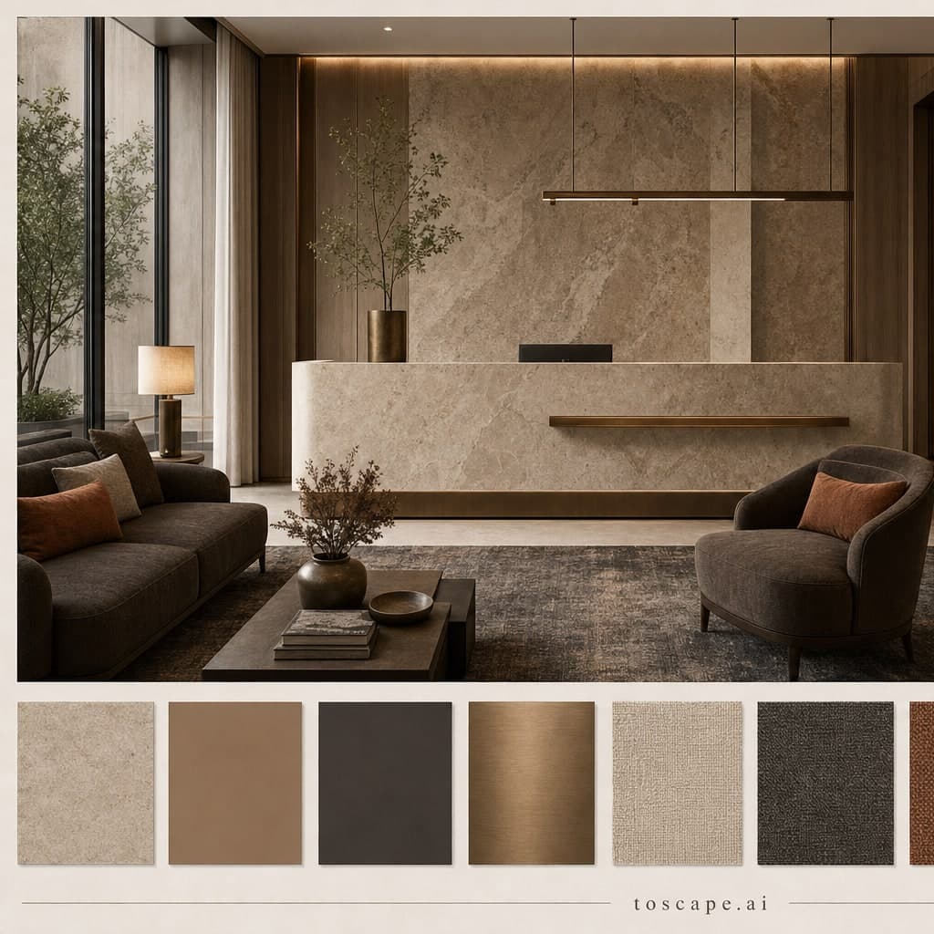 Modern Earth Organic Reception — Brushed Metal interior moodboard card