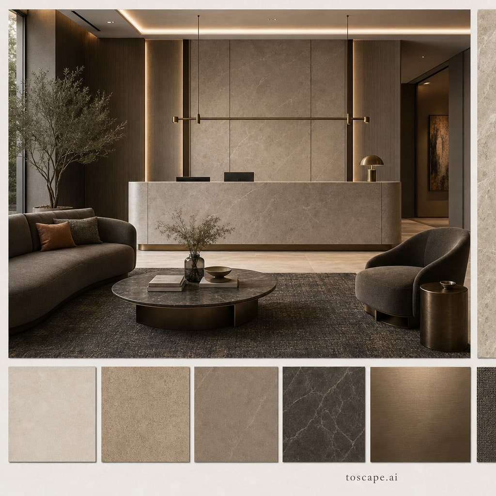 Modern Earth Organic Reception — Brushed Metal interior moodboard card