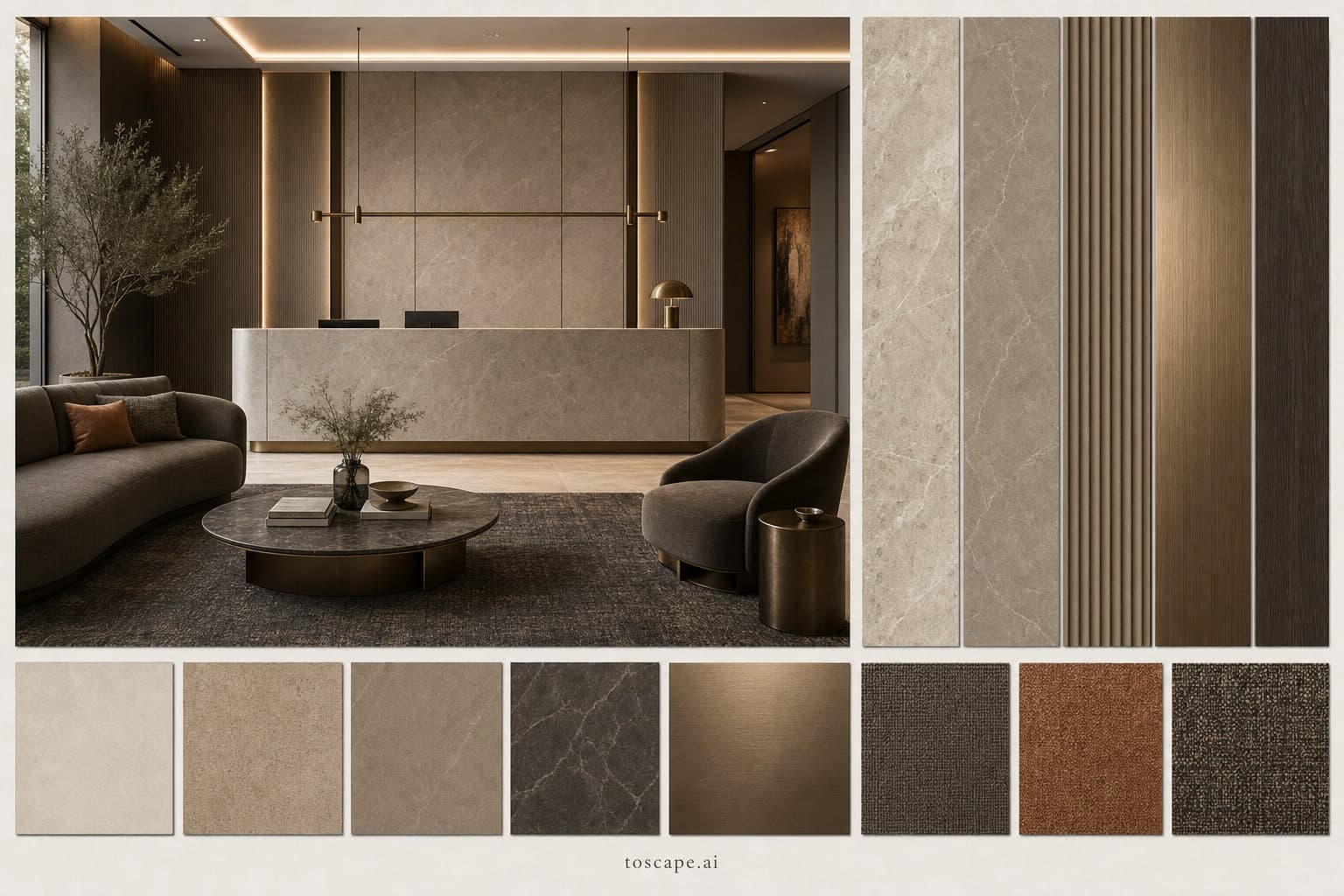 Modern Earth Organic Reception — Brushed Metal interior moodboard plate