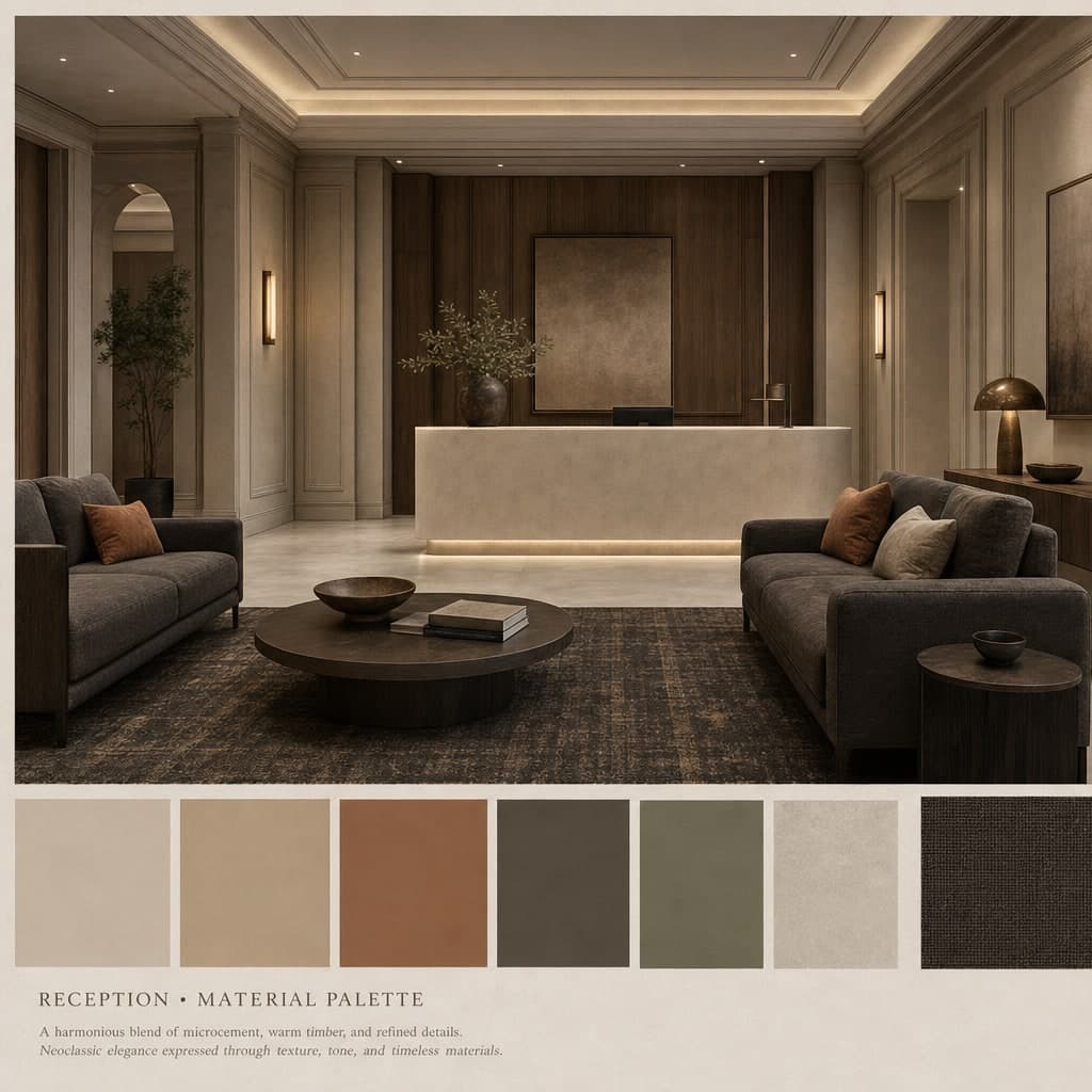 Neoclassic Earth Organic Reception — Honed Stone interior moodboard card