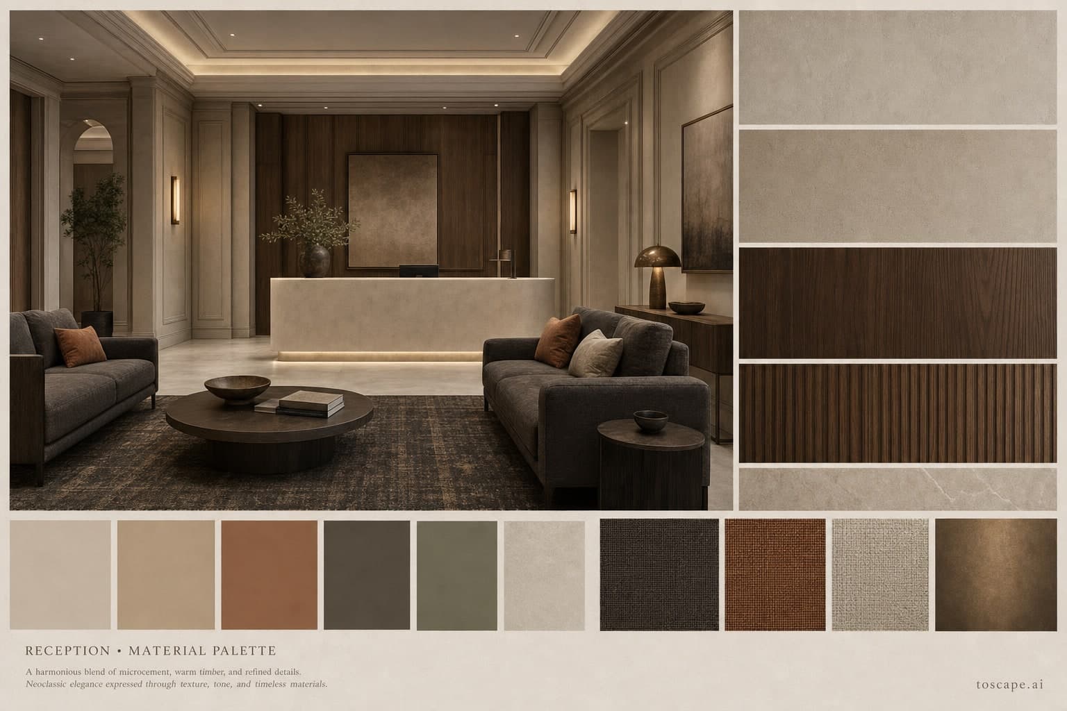 Neoclassic Earth Organic Reception — Honed Stone interior moodboard plate