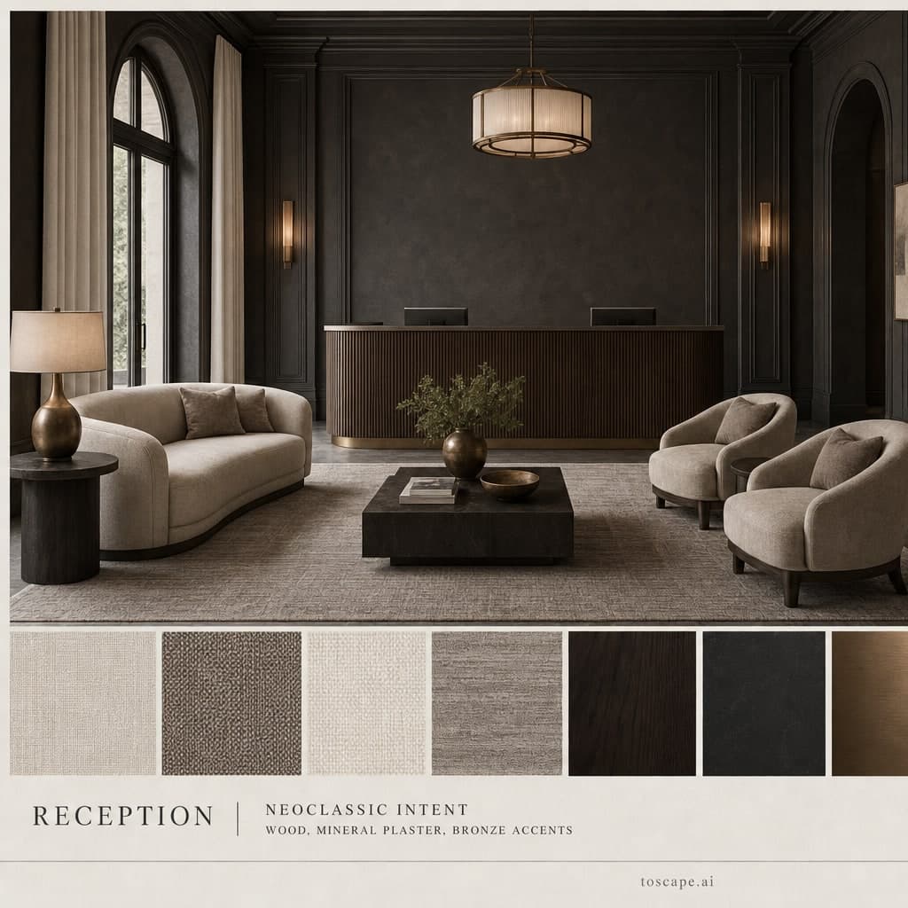 Neoclassic Dark Luxury Reception — Brushed Metal interior moodboard card