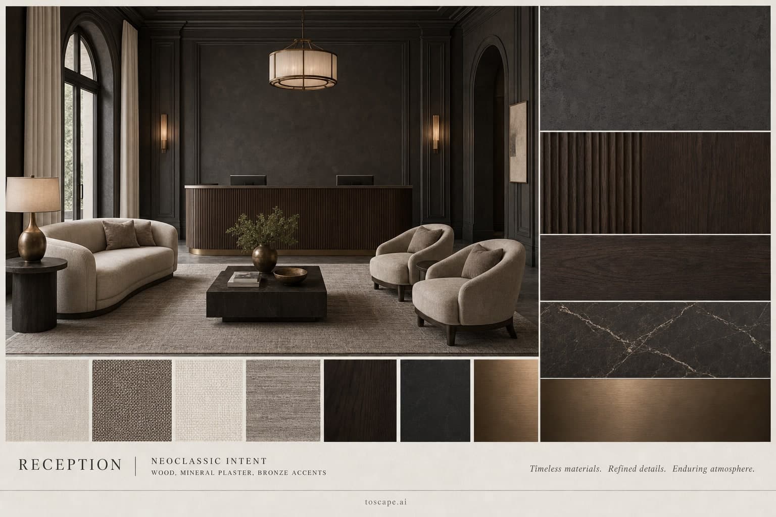 Neoclassic Dark Luxury Reception — Brushed Metal interior moodboard plate