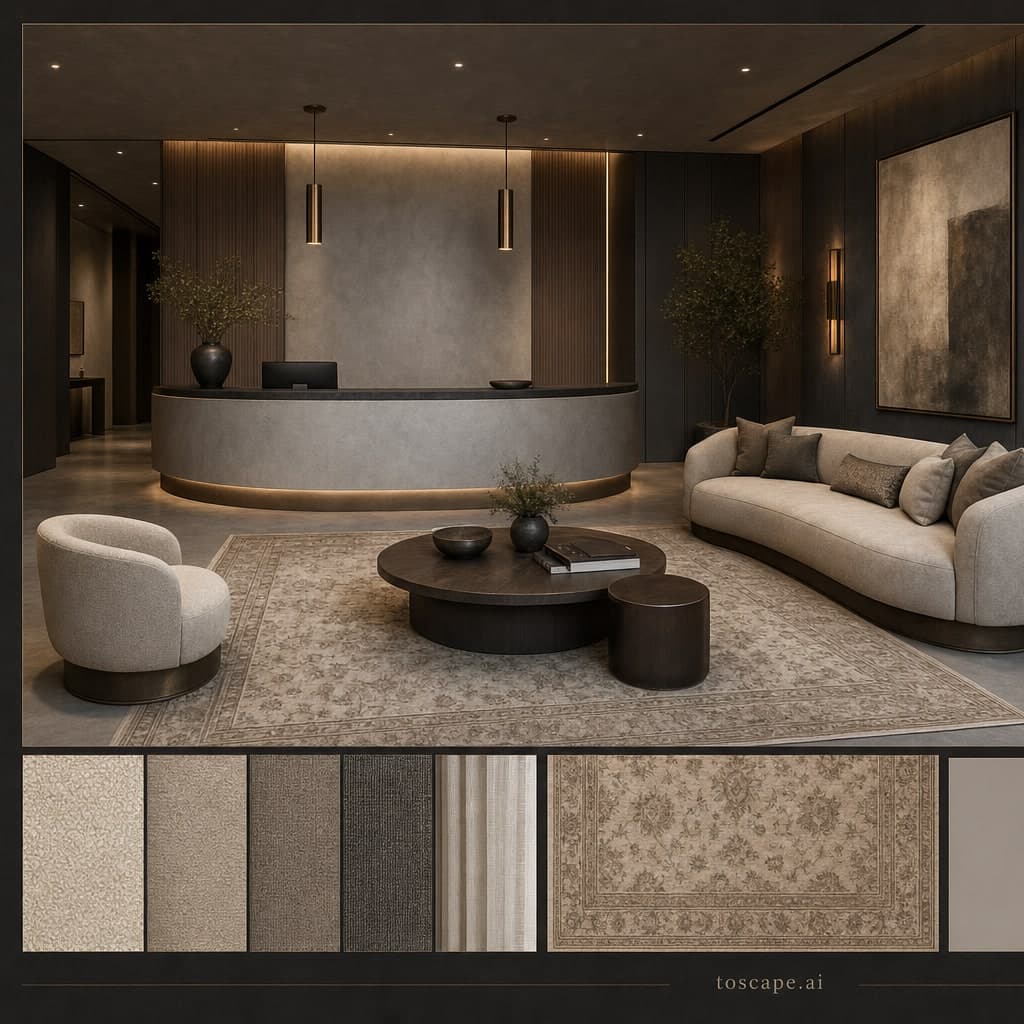 Modern Dark Luxury Reception — Honed Stone interior moodboard card