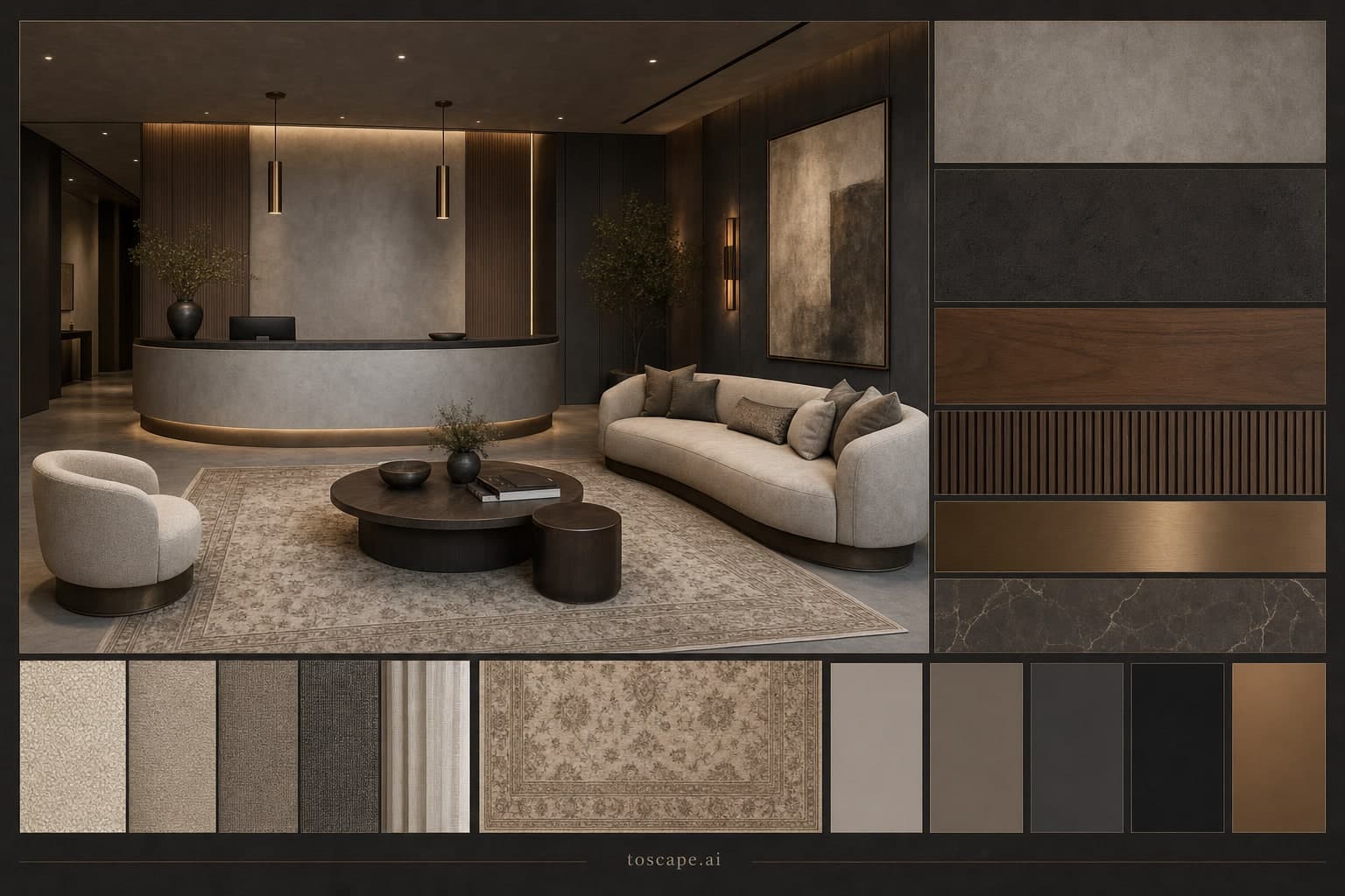 Modern Dark Luxury Reception — Honed Stone interior moodboard plate