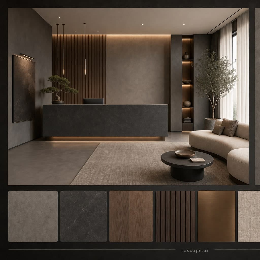 Modern Dark Luxury Reception — Matte interior moodboard card