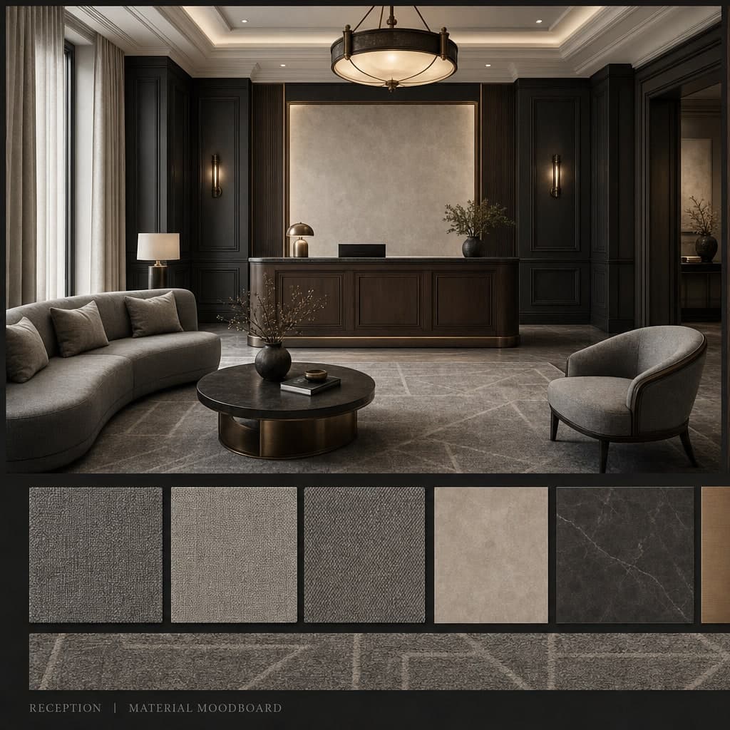 Neoclassic Dark Luxury Reception — Matte interior moodboard card