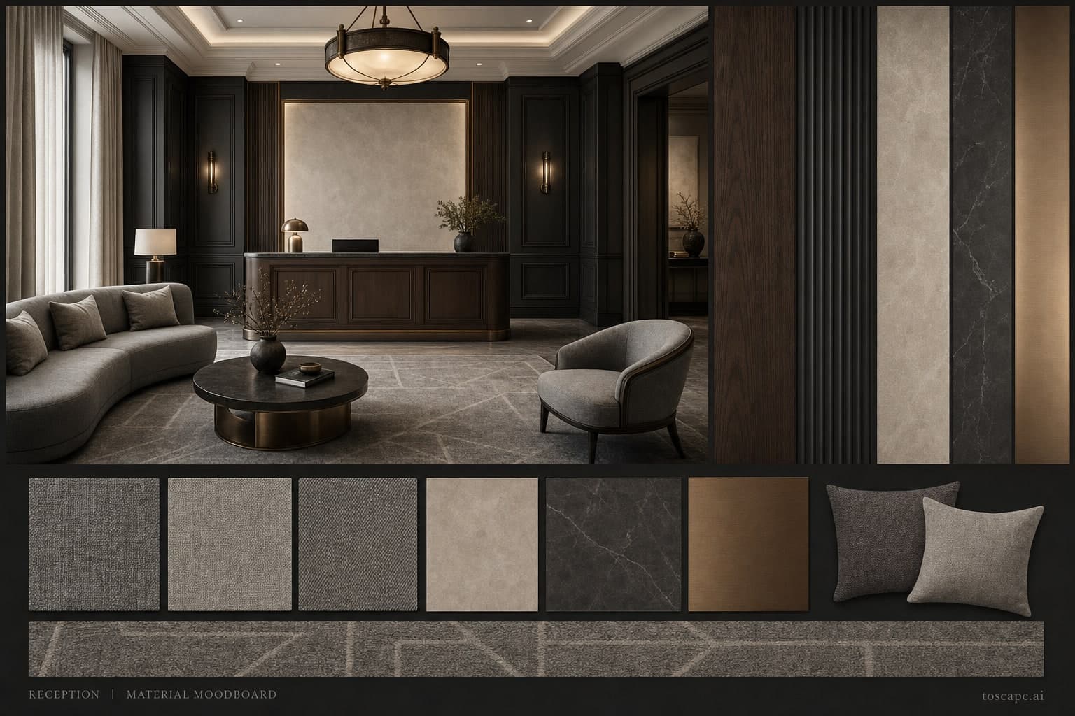 Neoclassic Dark Luxury Reception — Matte interior moodboard plate
