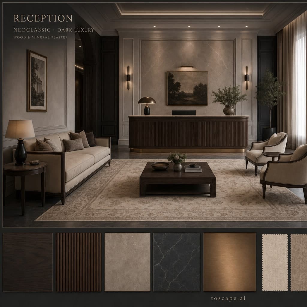 Neoclassic Dark Luxury Reception — Satin interior moodboard card